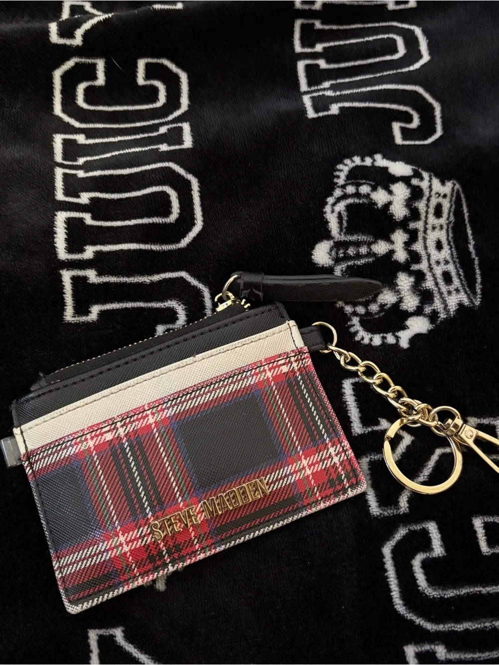 Steve Madden Black, Red and Cream Plaid Card Case with Gold Chain